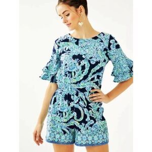Lilly Pulitzer Lula Romper in the High Tide Navy Scuba Doo print Size M